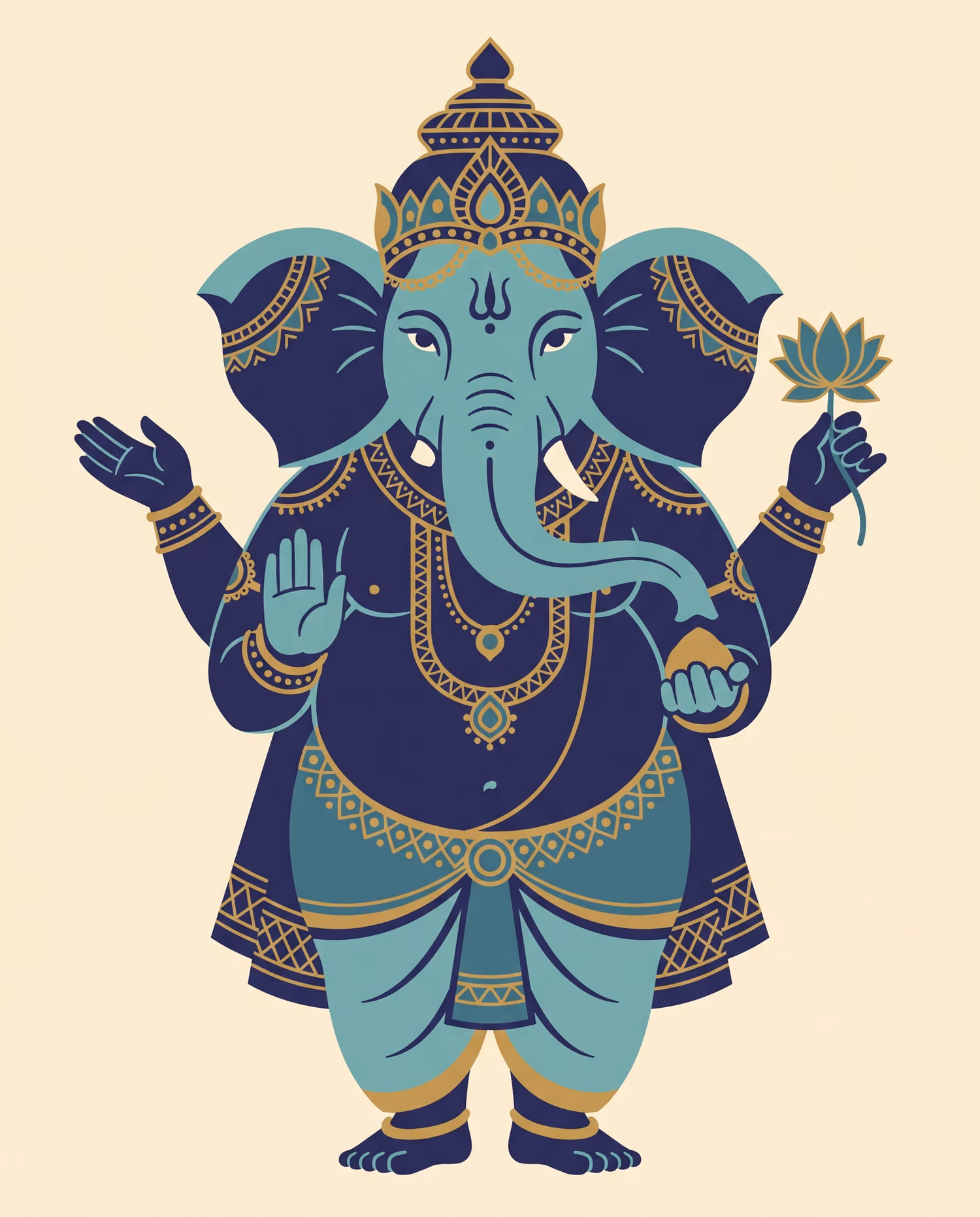 Standing Ganesha with Lotus. Standing · Gold Leaf · Right trunk