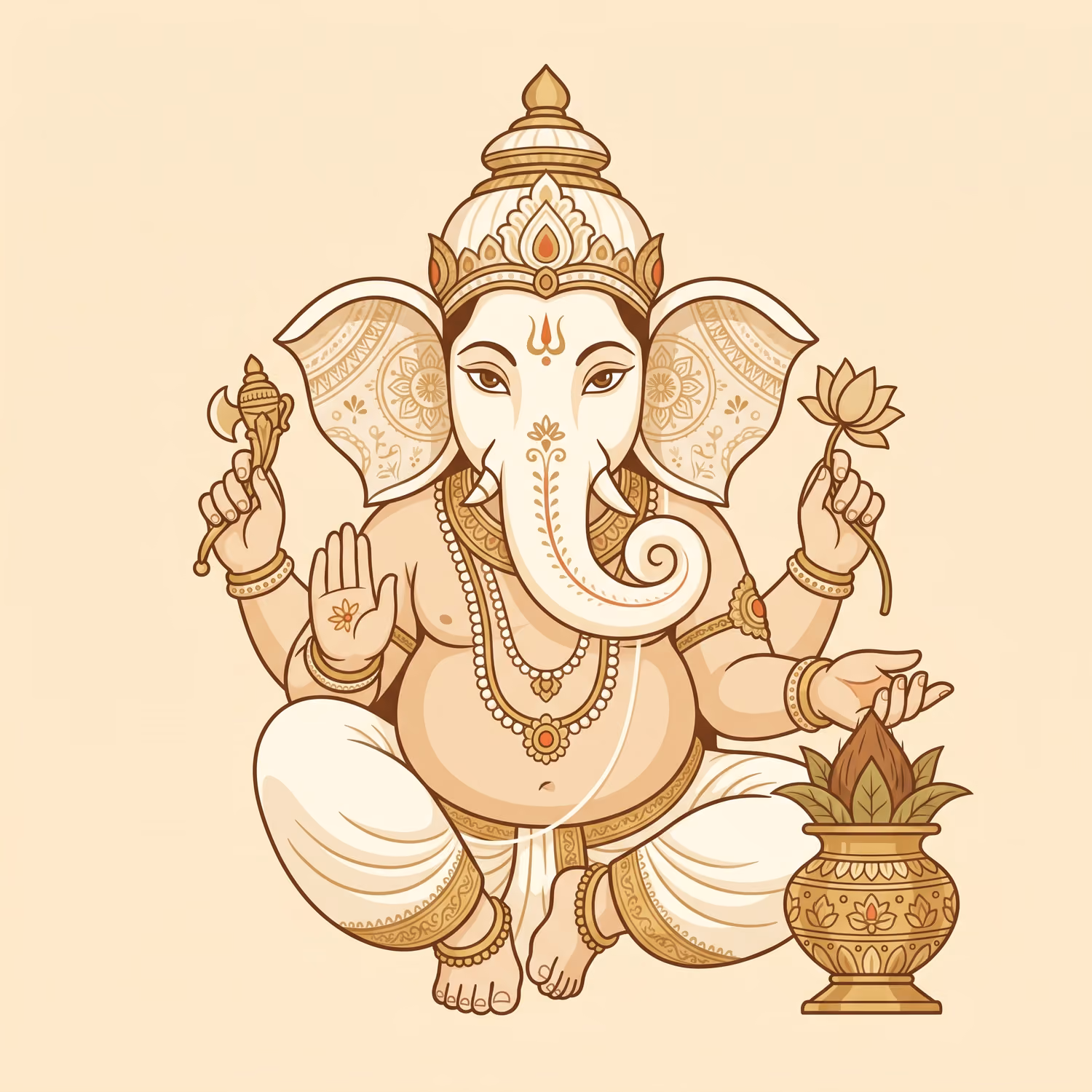 Ivory Ganesha with Kalash. Sitting · Shadu · S-shaped trunk