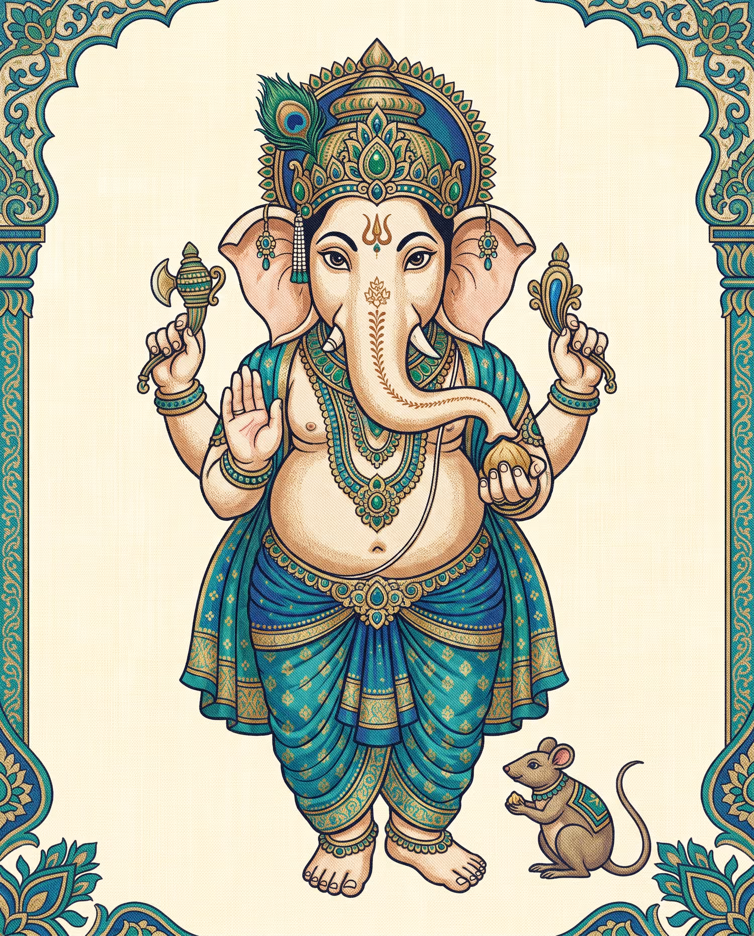Teal Ganesha in a Painted Frame. Standing · Shadu · Right trunk