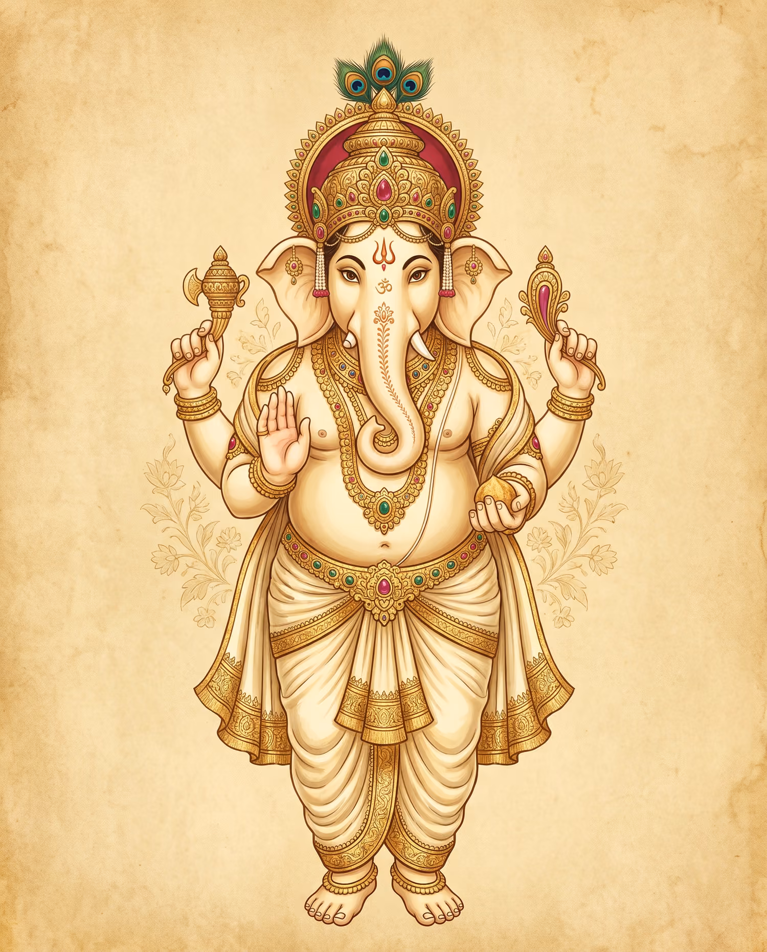 Ivory Ganesha, Peacock Crown. Standing · Gold Leaf · S-shaped trunk
