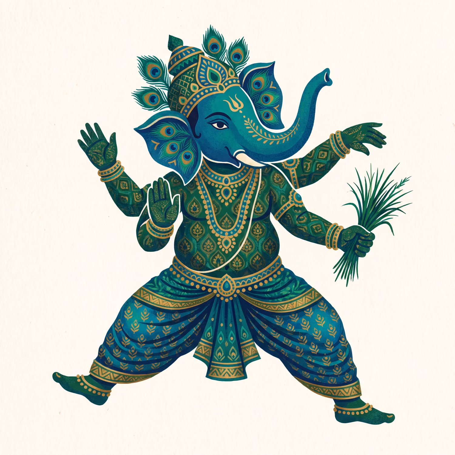 Peacock Dancer with Durva. Dancing · Bronze · Upward trunk