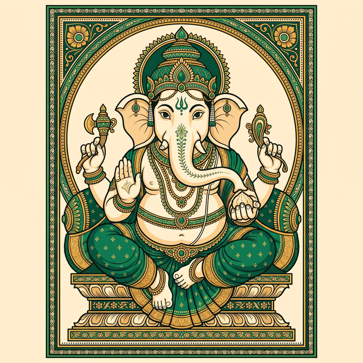 Green Ganesha, Framed. Sitting · Shadu · Flowing trunk
