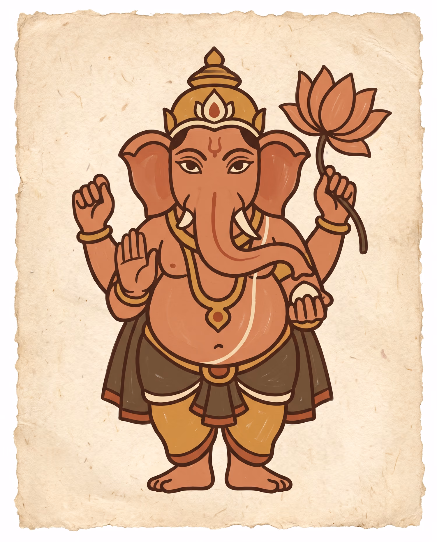 Ganesha with the Long Lotus. Standing · Natural Clay · Flowing trunk
